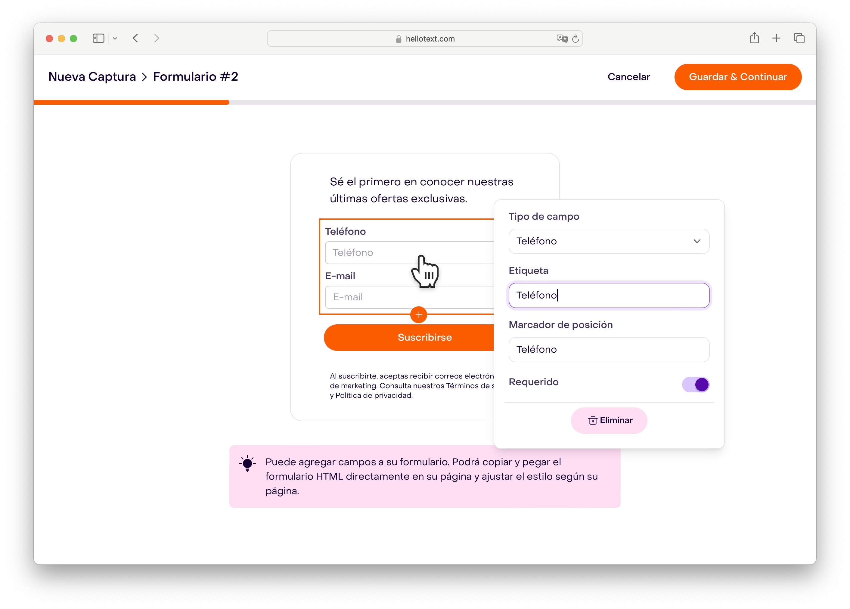 Editor de campos del Formulario de Sitio Web